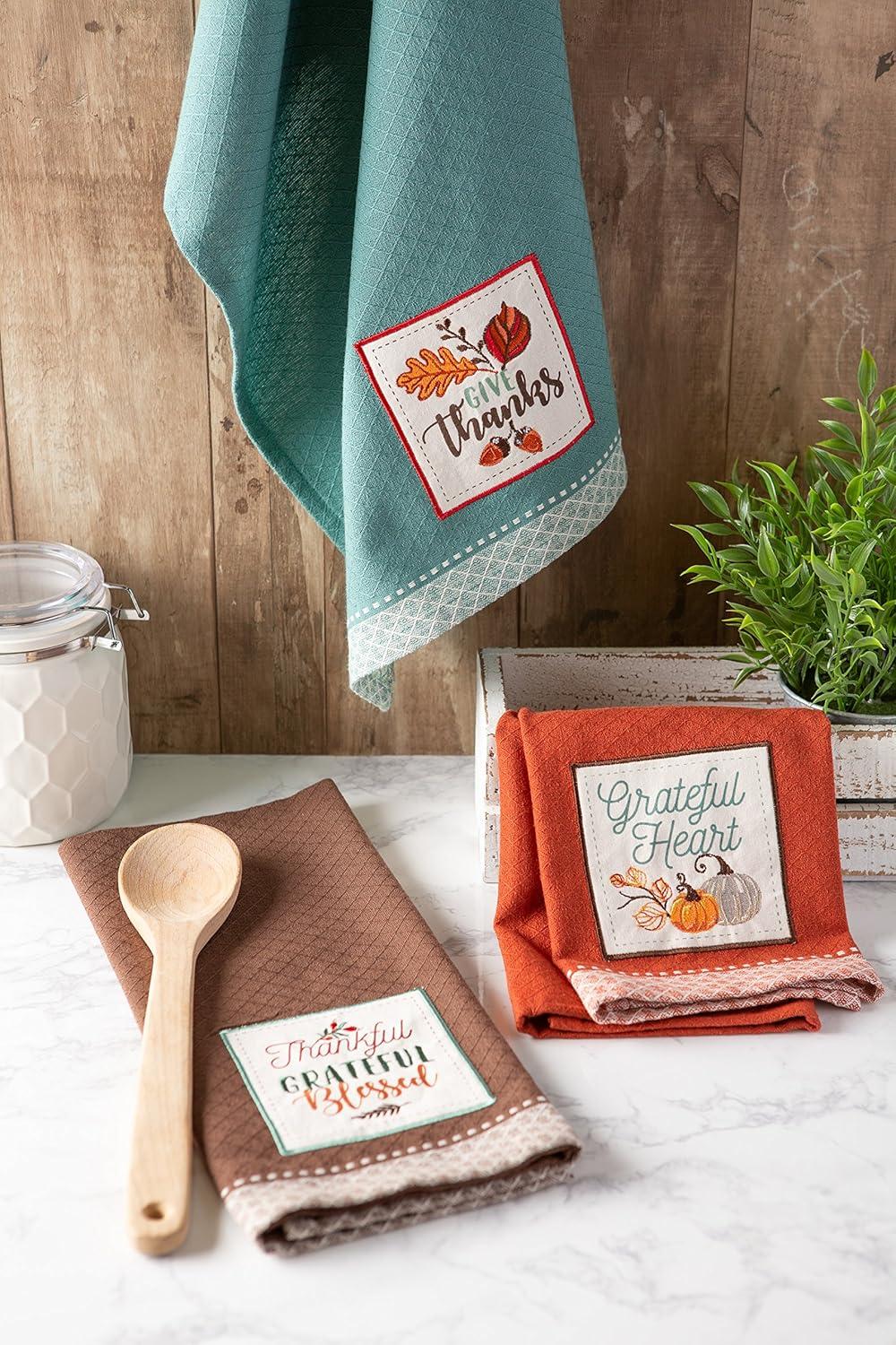 imageDII Thanksgiving Fall Kitchen Towels Collection Decorative Embellished Dish Towel Set 18x28 Wishes 2 CountGrateful