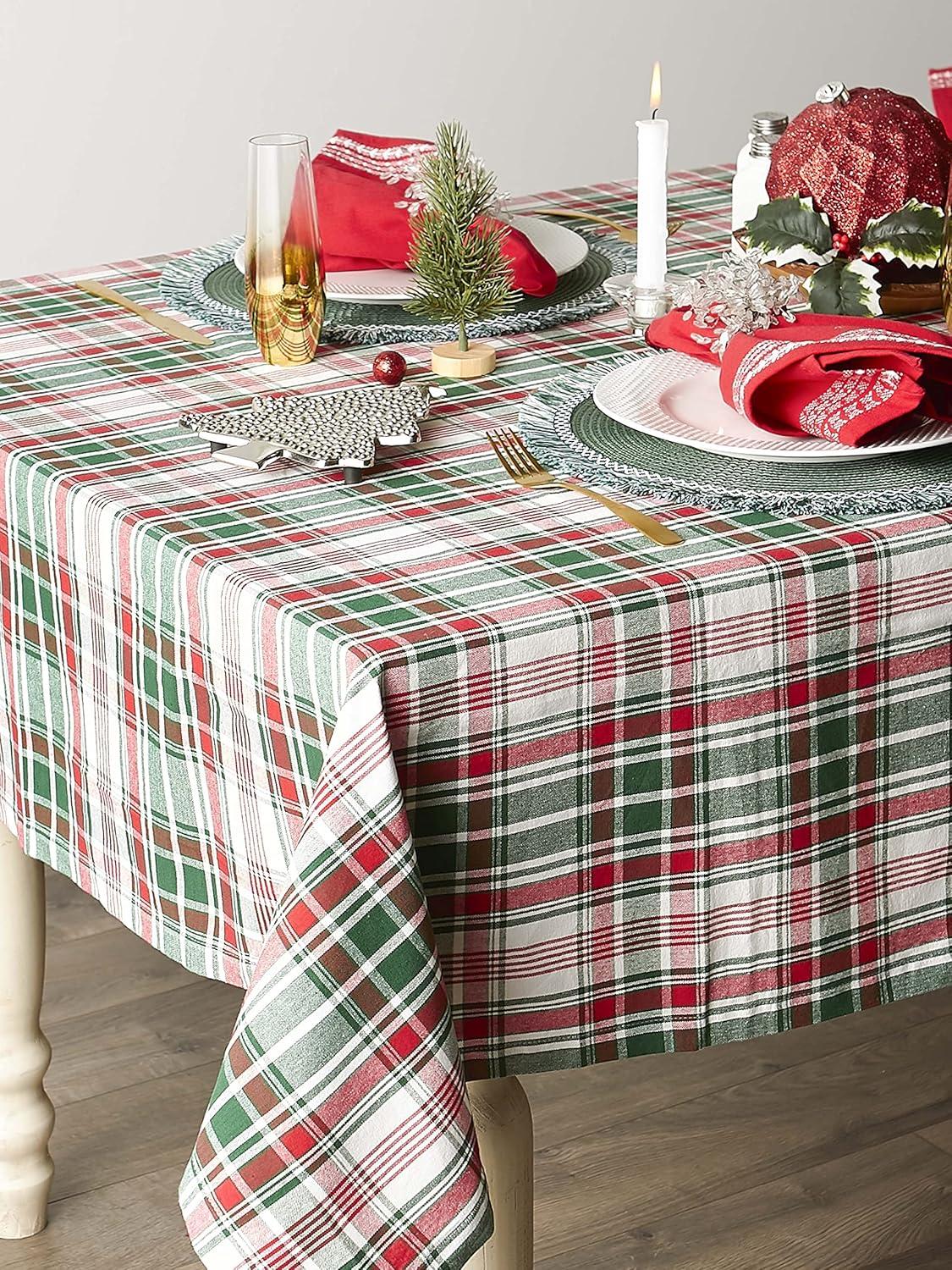 imageDII Yuletide Plaid Christmas Collection Holiday Dining Table Linen Tablecloth 60x84 Forest Green ampamp Maroon70 Round