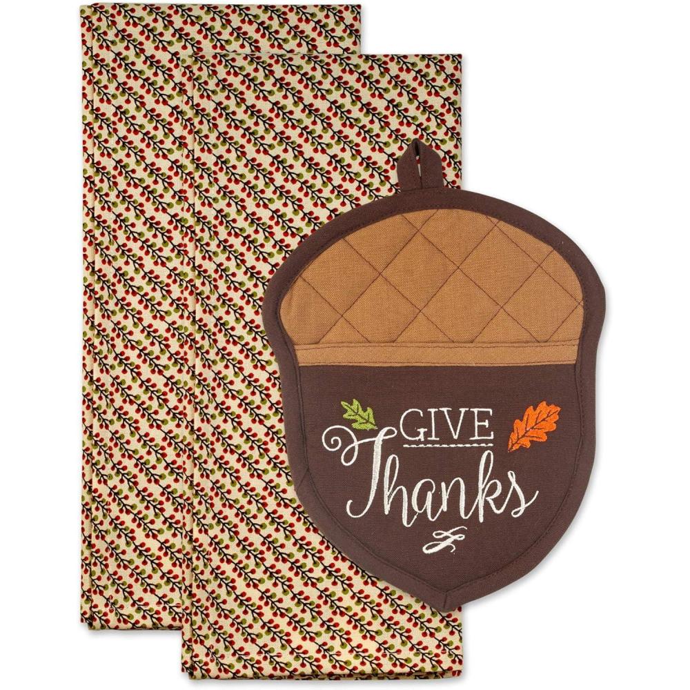 imageDII Fall Kitchen Dcor Collection Dish Towel ampamp Potholder Hostess Gift Set Pumpkin Lady 3 PieceGive Thanks
