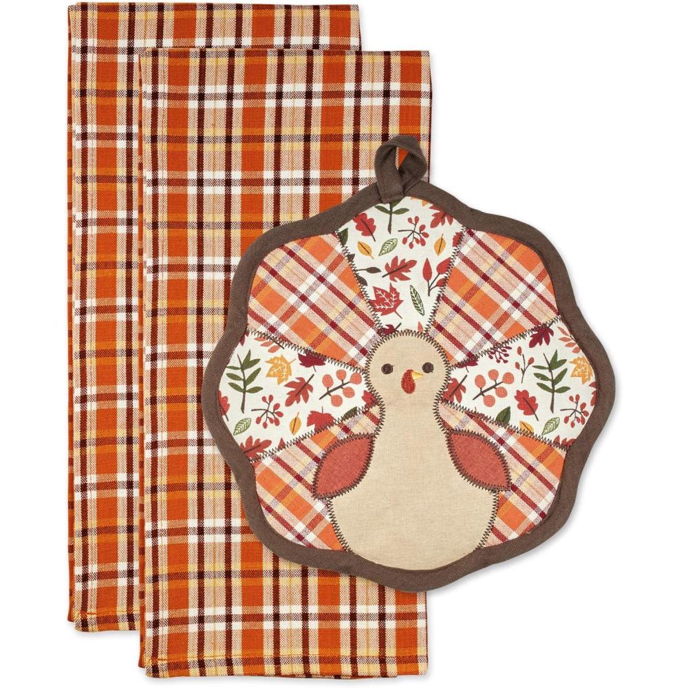 imageDII Fall Kitchen Dcor Collection Dish Towel ampamp Potholder Hostess Gift Set Pumpkin Lady 3 PieceGobble TurkeyPlaid
