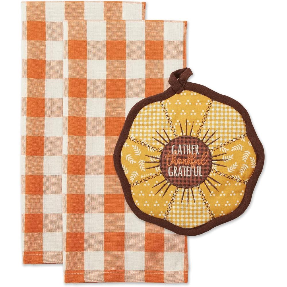 imageDII Fall Kitchen Dcor Collection Dish Towel ampamp Potholder Hostess Gift Set Pumpkin Lady 3 PieceSunflowersOrange Buffalo Check
