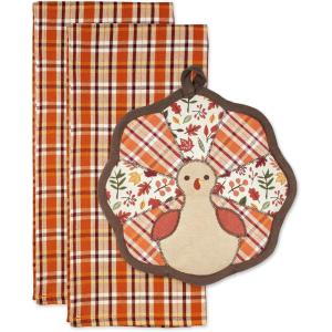 imageDII Fall Kitchen Dcor Collection Dish Towel ampamp Potholder Hostess Gift Set Pumpkin Lady 3 PieceGobble TurkeyPlaid