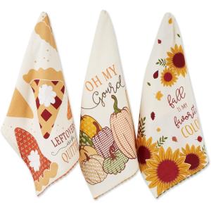 imageDII Thanksgiving Fall Kitchen Towels Collection Decorative Embellished Dish Towel Set 18x28 Falling Leaves 2 CountSunflowers  Pumpkins  Pie