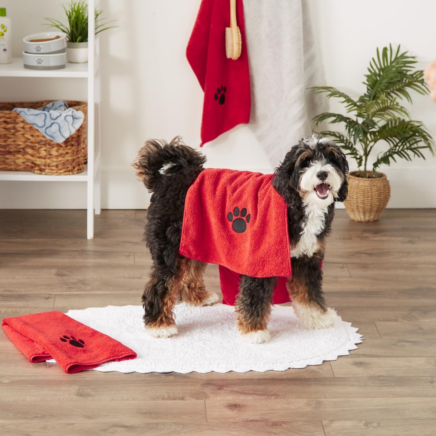 imageBone Dry Pet Grooming Embroidered Microfiber Towel Drying Collection 15x30 Hunter GreenRed
