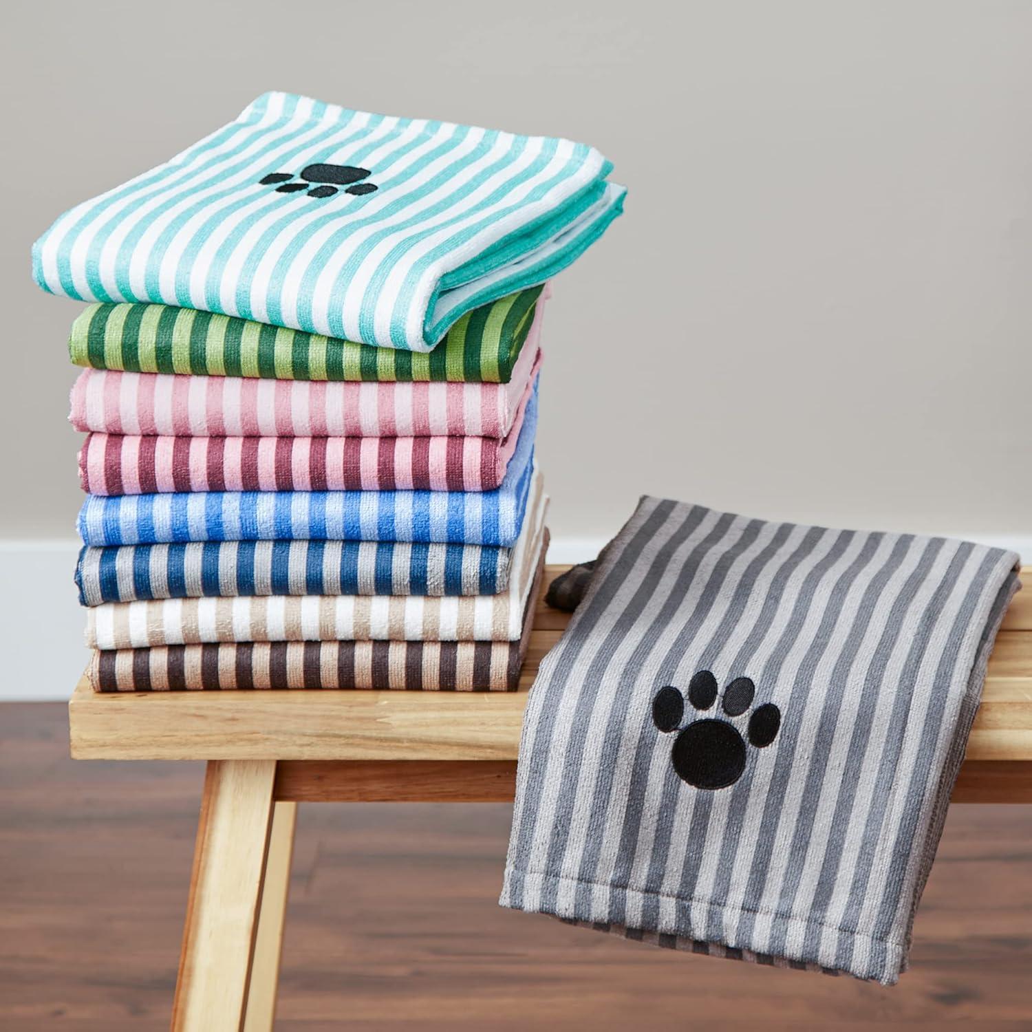 imageBone Dry Pet Grooming Towel Collection Absorbent Microfiber XLarge 41x235quot Striped TaupeStriped Hunter Green
