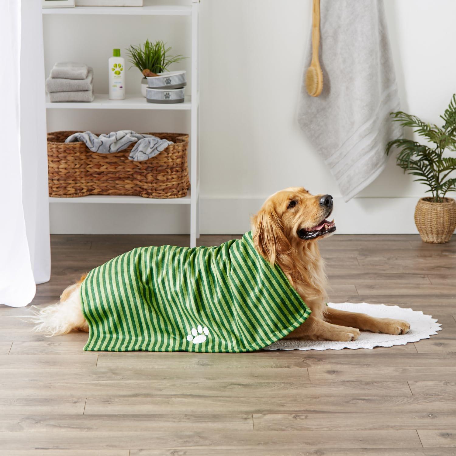 imageBone Dry Pet Grooming Towel Collection Absorbent Microfiber XLarge 41x235quot Striped TaupeStriped Hunter Green