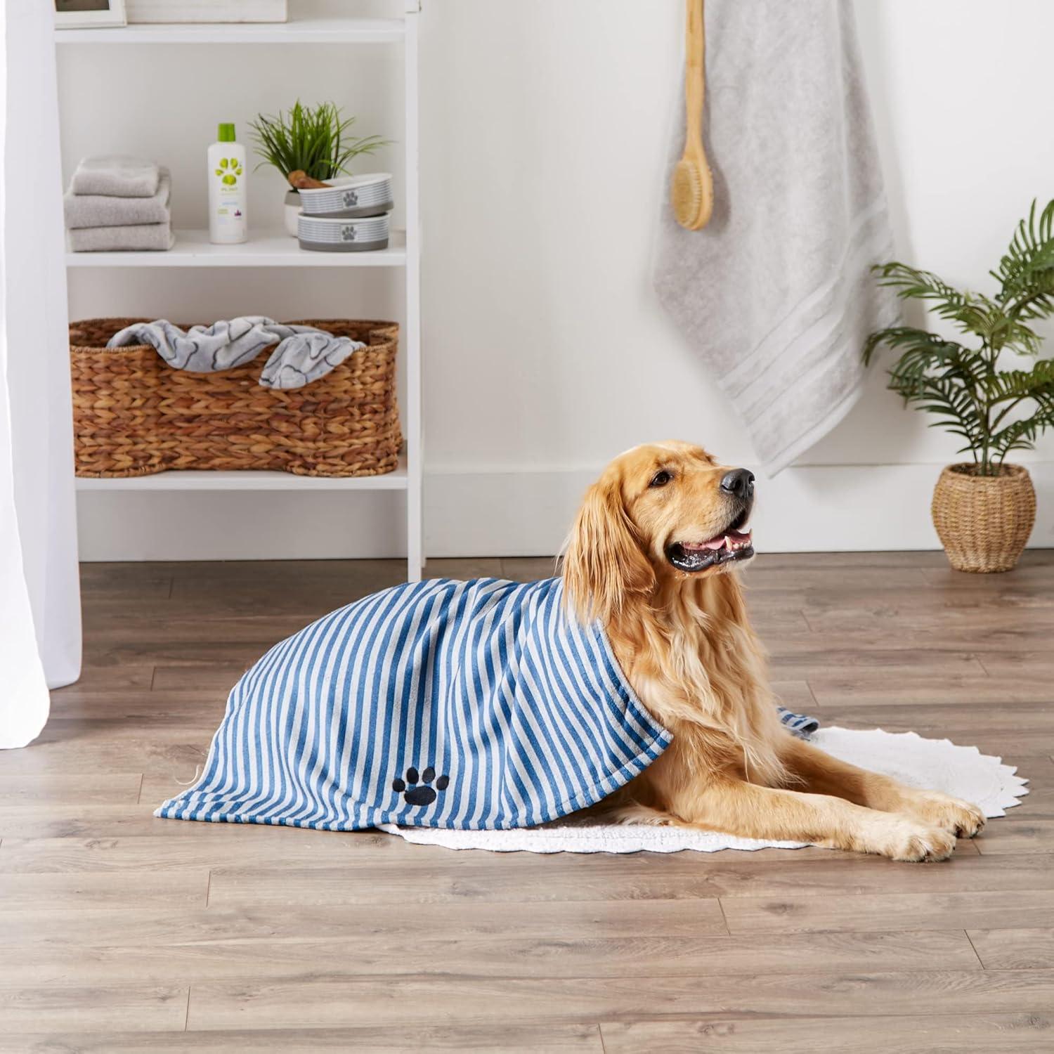 imageBone Dry Pet Grooming Towel Collection Absorbent Microfiber XLarge 41x235quot Striped TaupeStriped Navy
