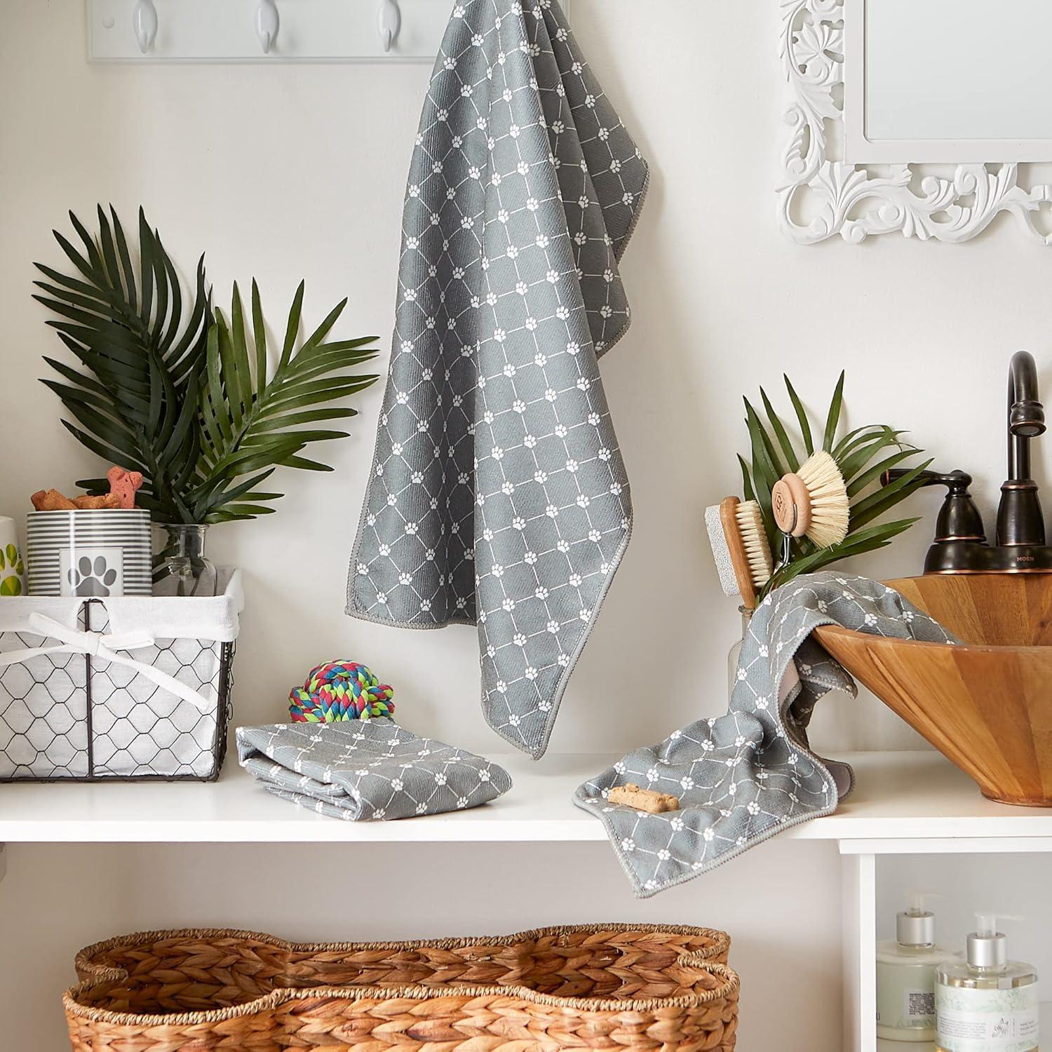 imageBone Dry Pet Grooming Towel Collection Trellis Print Microfiber Absorbent Drying Set 15x30 Gray 3 CountGray
