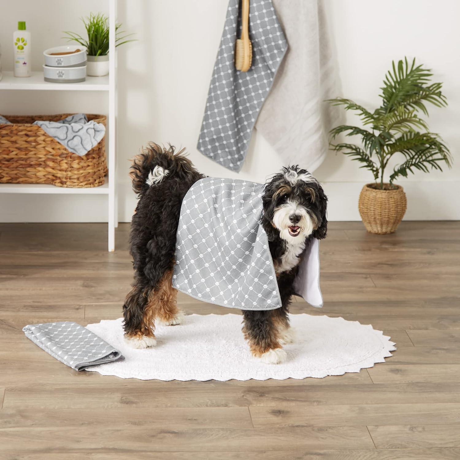 imageBone Dry Pet Grooming Towel Collection Trellis Print Microfiber Absorbent Drying Set 15x30 Gray 3 CountGray