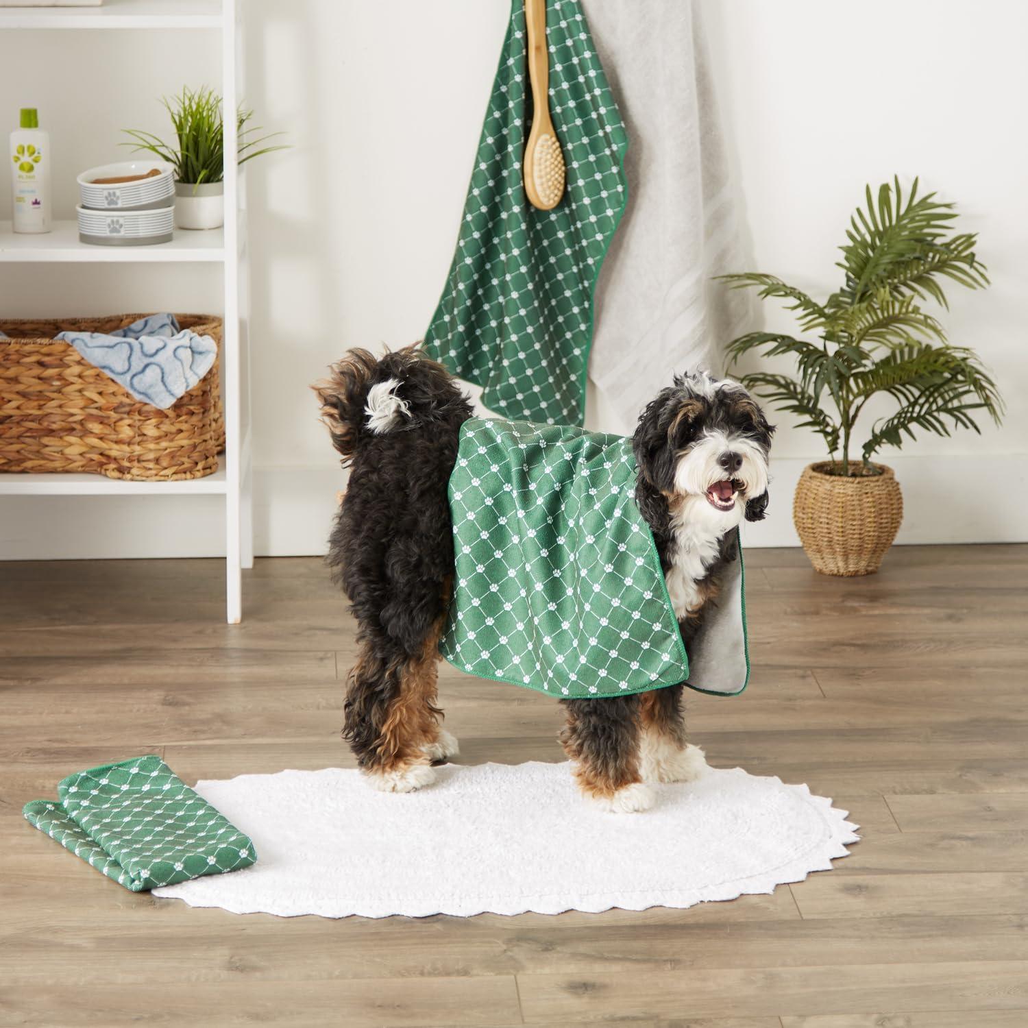 imageBone Dry Pet Grooming Towel Collection Trellis Print Microfiber Absorbent Drying Set 15x30 Gray 3 CountHunter Green