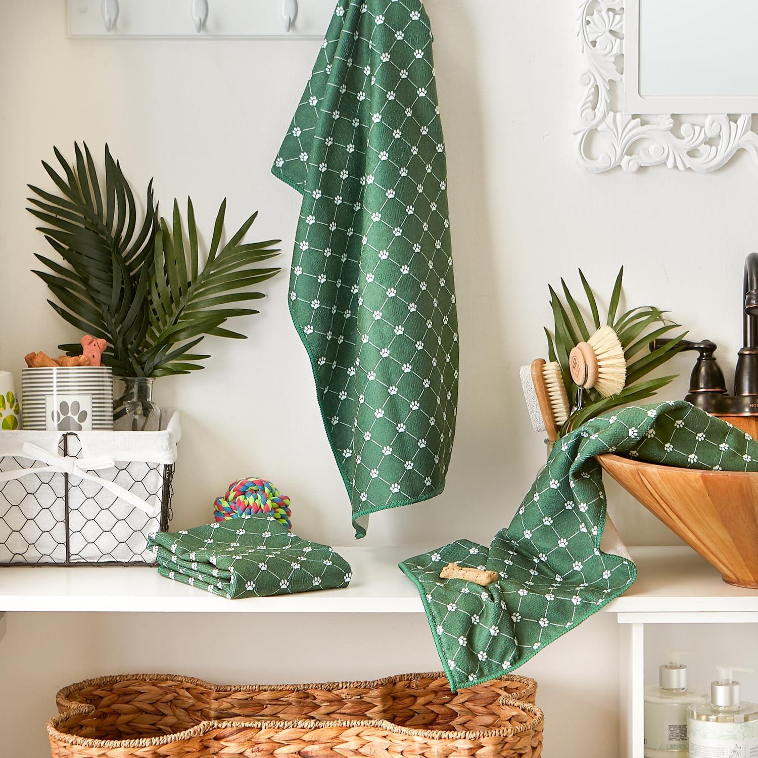imageBone Dry Pet Grooming Towel Collection Trellis Print Microfiber Absorbent Drying Set 15x30 Gray 3 CountHunter Green