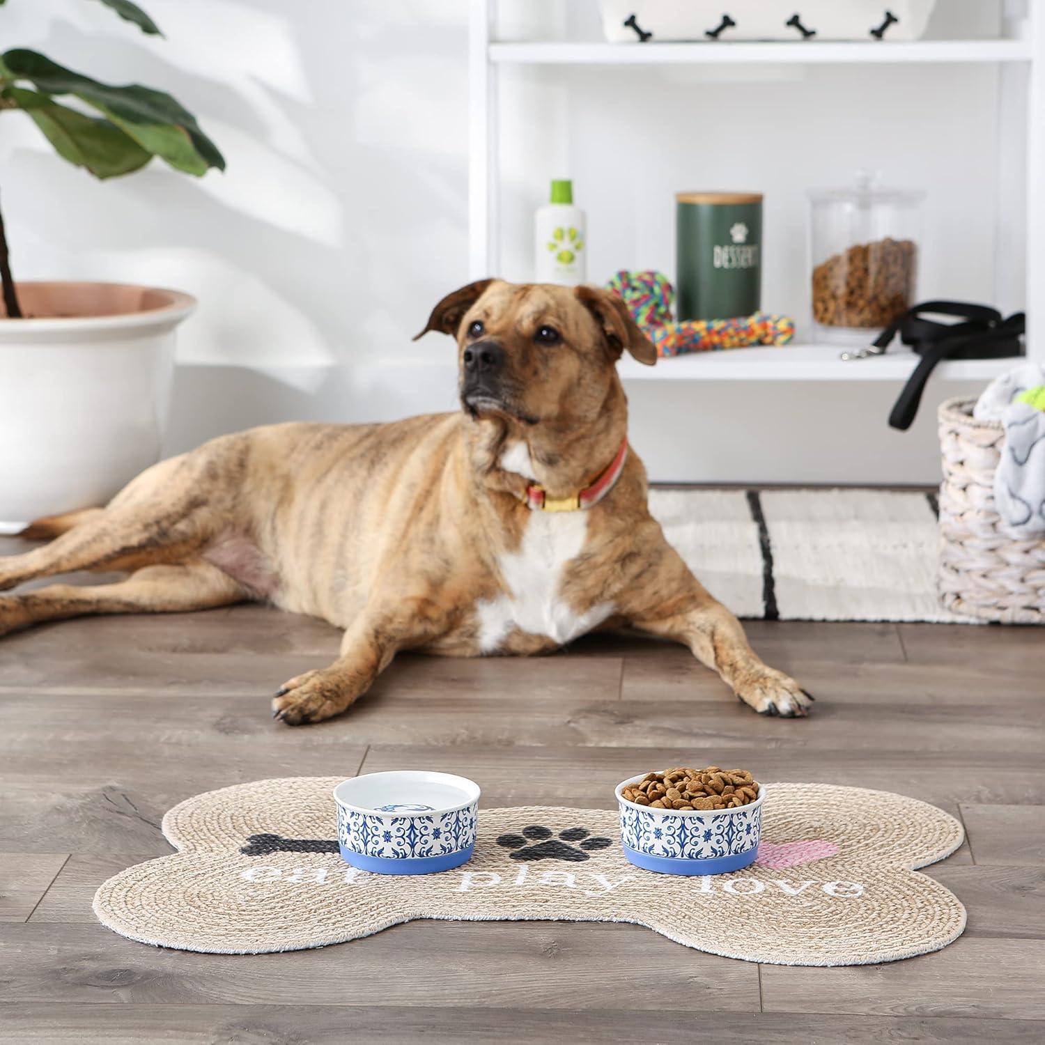 imageBone Dry Ceramic Food ampamp Water Bowls for Pets NonSlip for Secure Less Messy Feeding Microwave ampamp Dishwasher Safe Single Dish Large 75x24quot Red White ampamp BlueBlue Tile