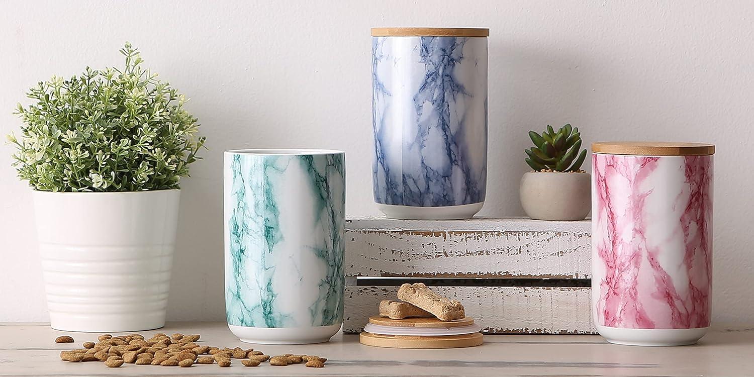 imageBone Dry Ceramic Marble Treat Jar for Pets Dishwasher Safe Dishwasher Safe Bamboo Lid  Push ampamp Twist to Close Canister 4x65 WhiteTeal