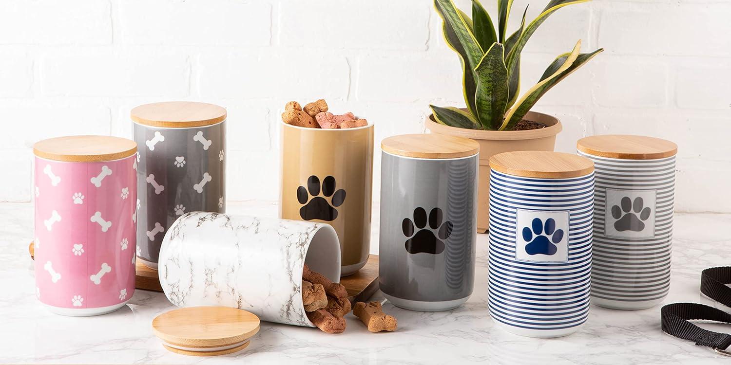 imageBone Dry Paw ampamp Patch Ceramic Pet Collection Treat Canister 4x65 GrayGray Stripe