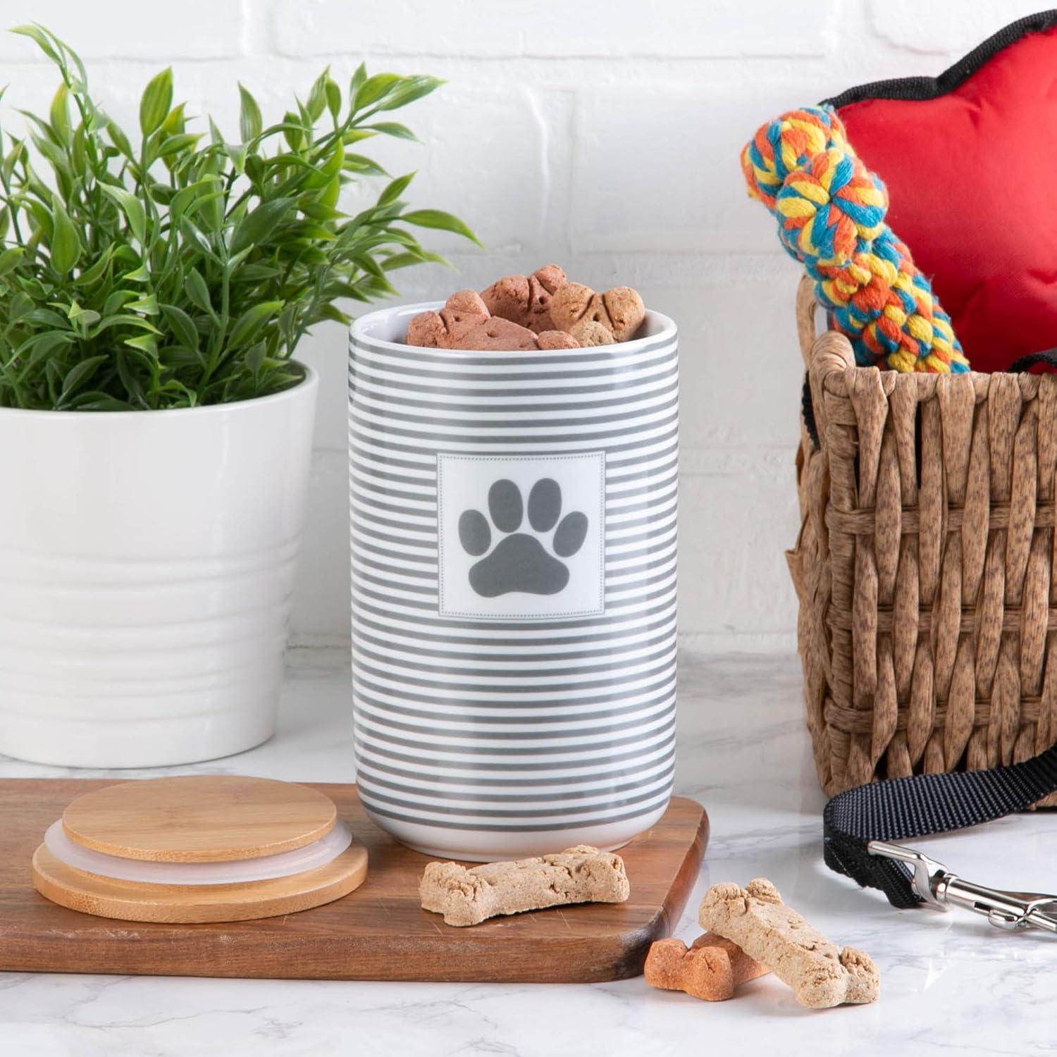 imageBone Dry Paw ampamp Patch Ceramic Pet Collection Treat Canister 4x65 GrayGray Stripe