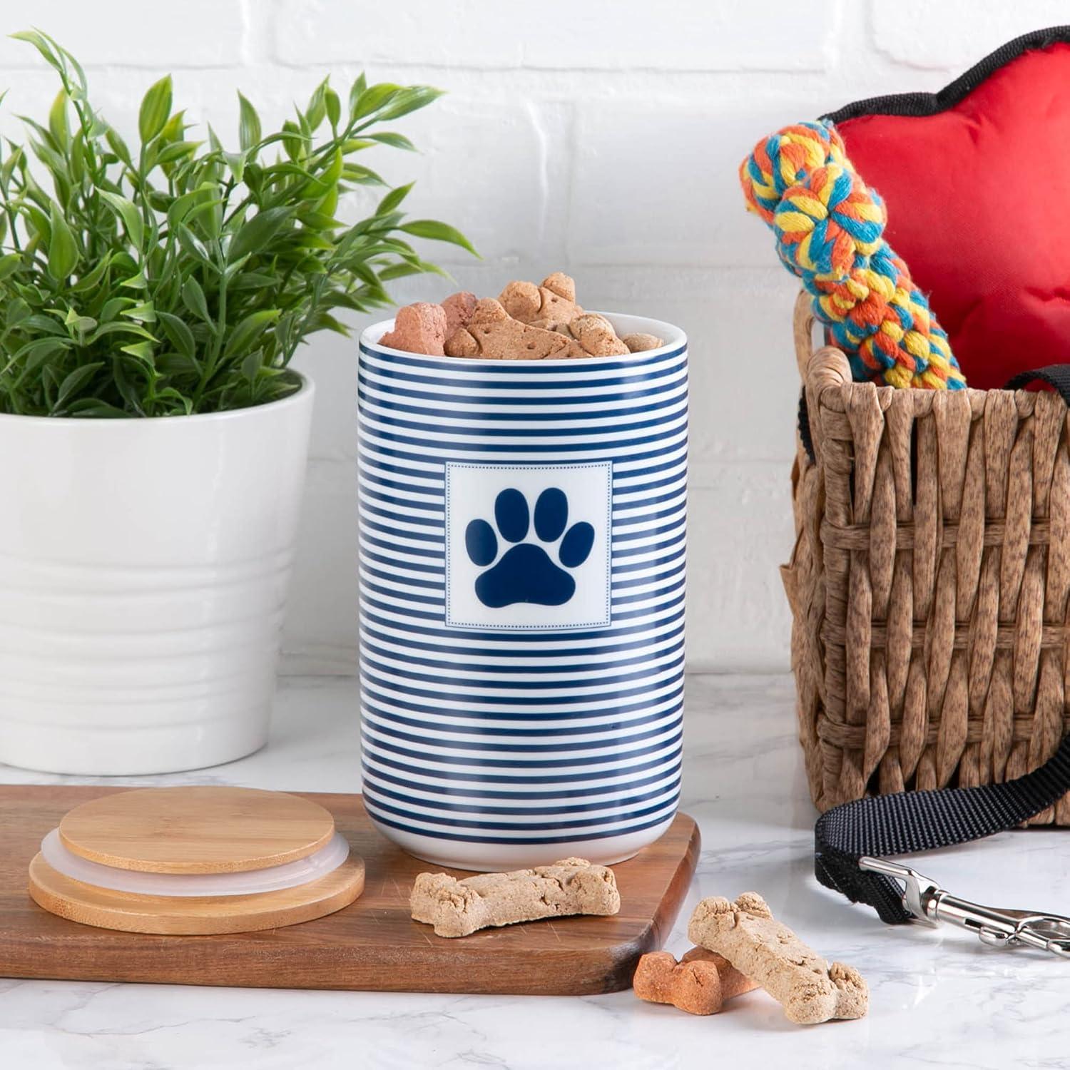 imageBone Dry Paw ampamp Patch Ceramic Pet Collection Treat Canister 4x65 GrayNavy Stripe
