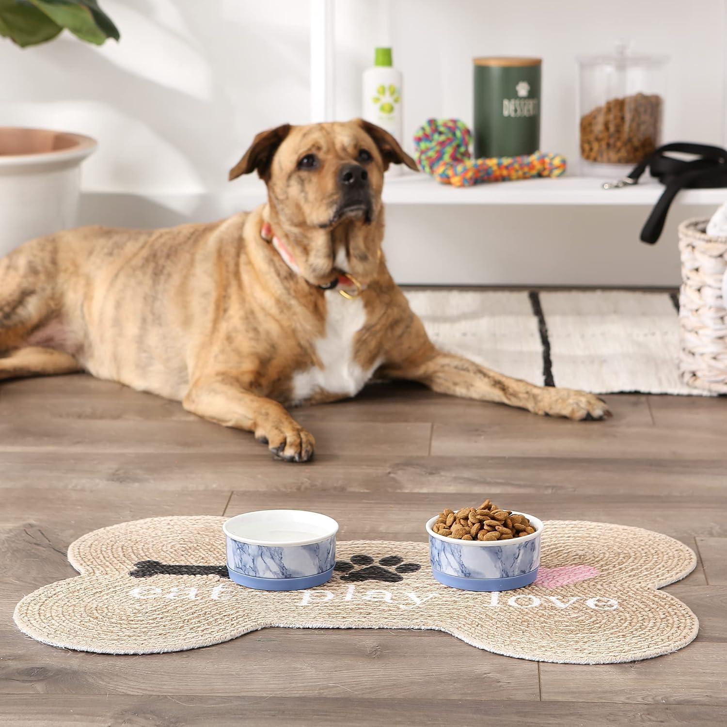 imageBone Dry Pet Bowl Collection Ceramic Set Small Marble 2 Count WhiteBlue