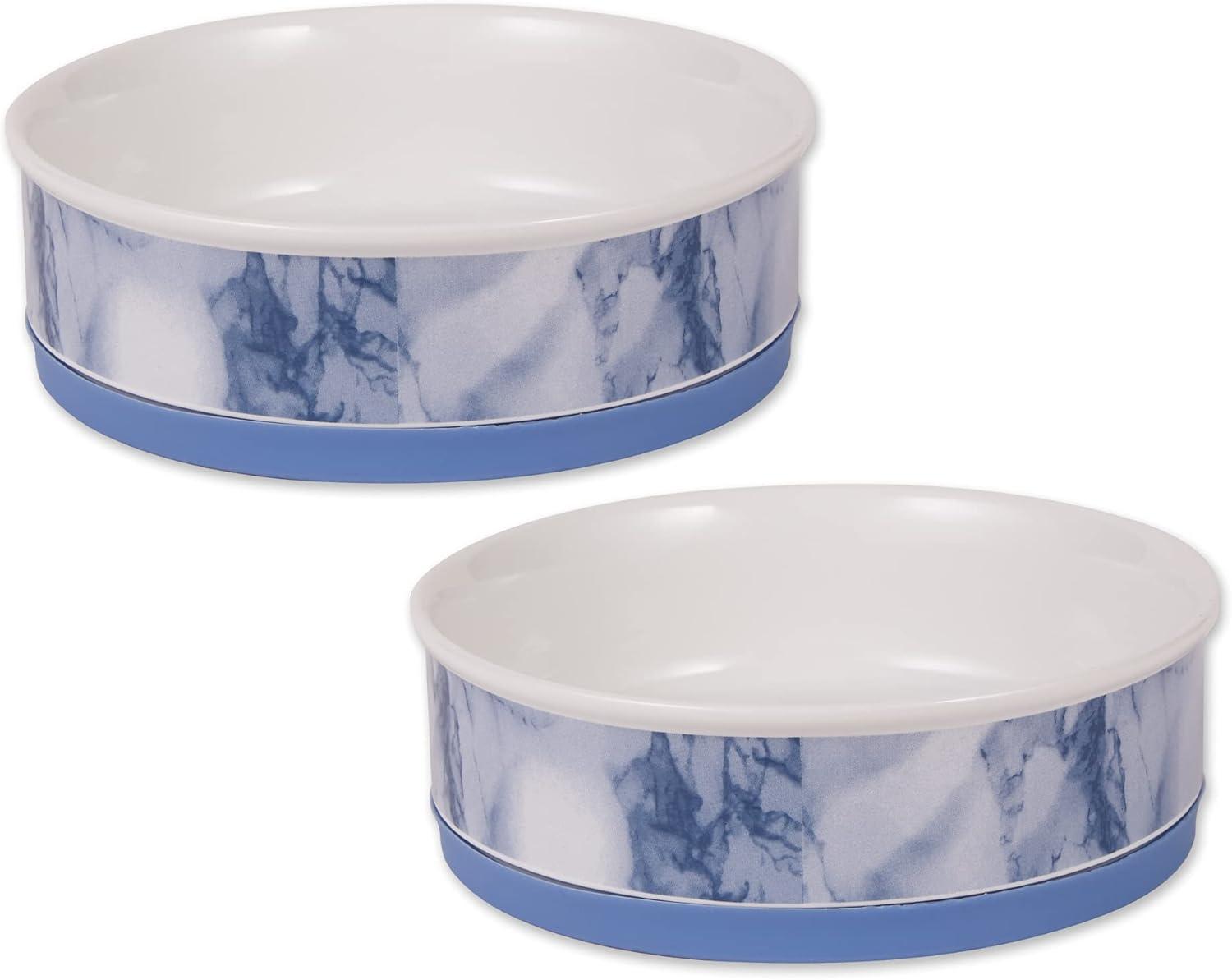 imageBone Dry Pet Bowl Collection Ceramic Set Small Marble 2 Count WhiteBlue