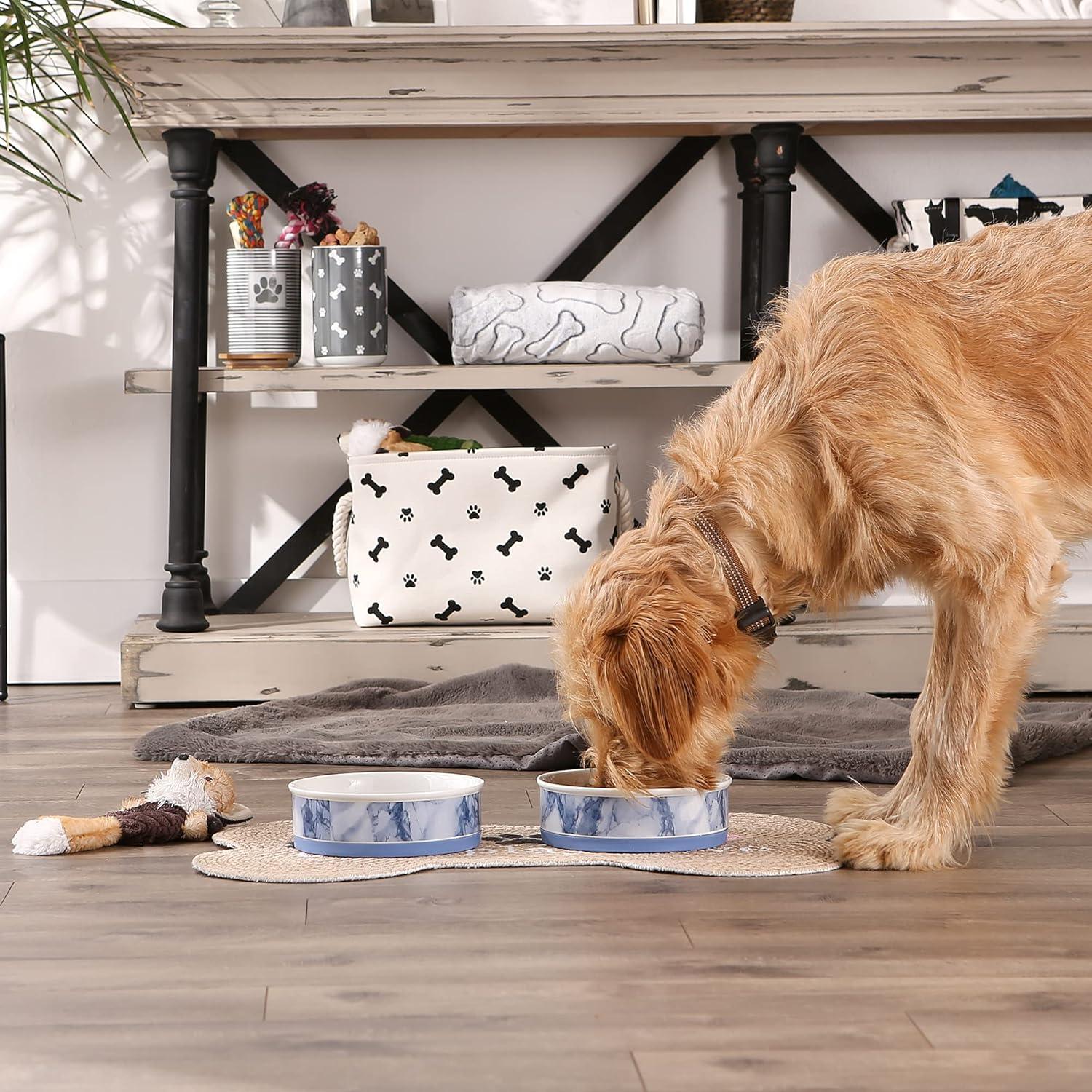 imageBone Dry Pet Bowl Collection Ceramic Set Small Marble 2 Count WhiteBlue