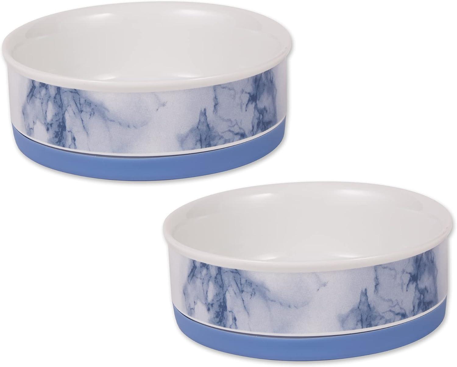 imageBone Dry Pet Bowl Collection Ceramic Set Small Marble 2 Count WhiteBlue