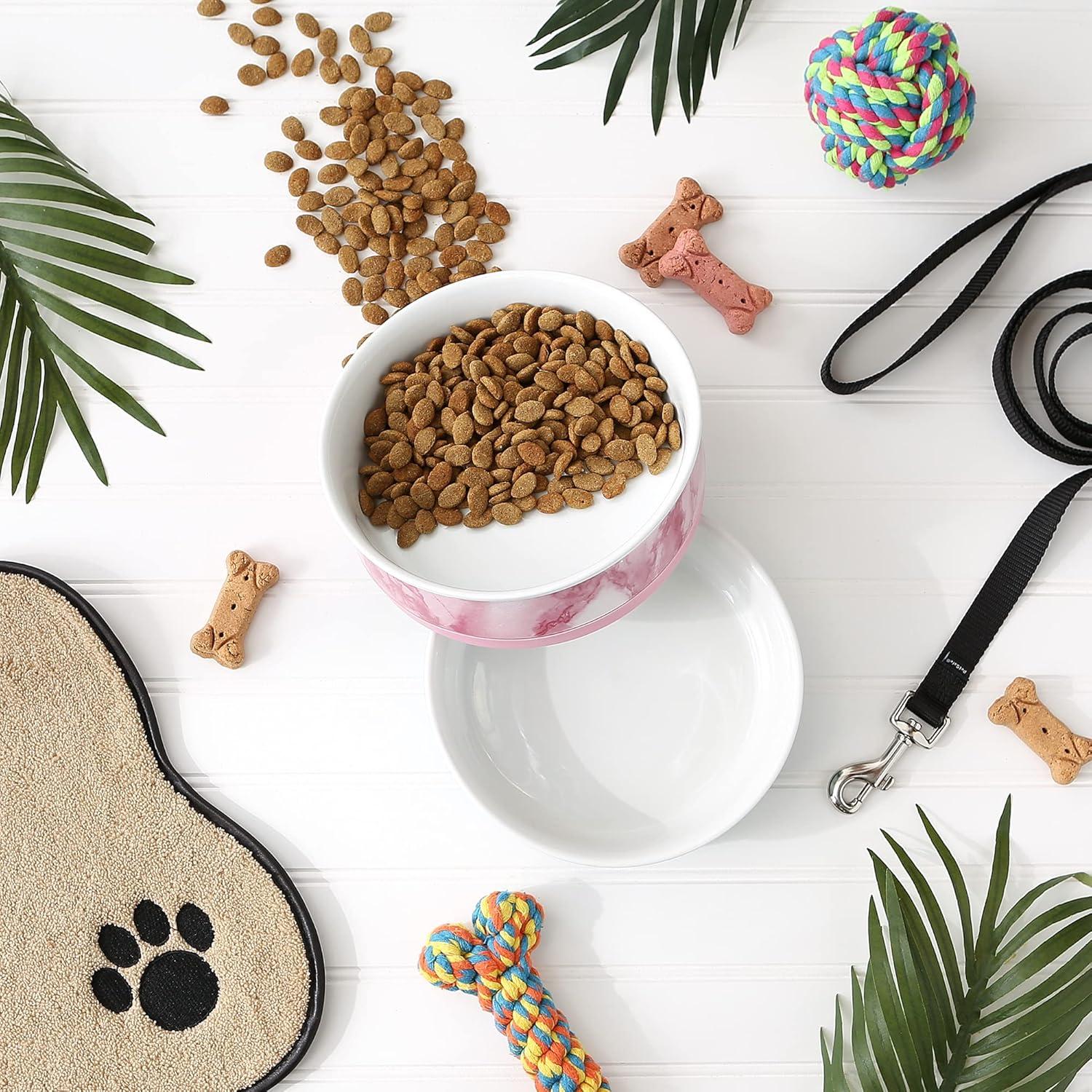 imageBone Dry Pet Bowl Collection Ceramic Set Small Marble 2 Count WhitePink