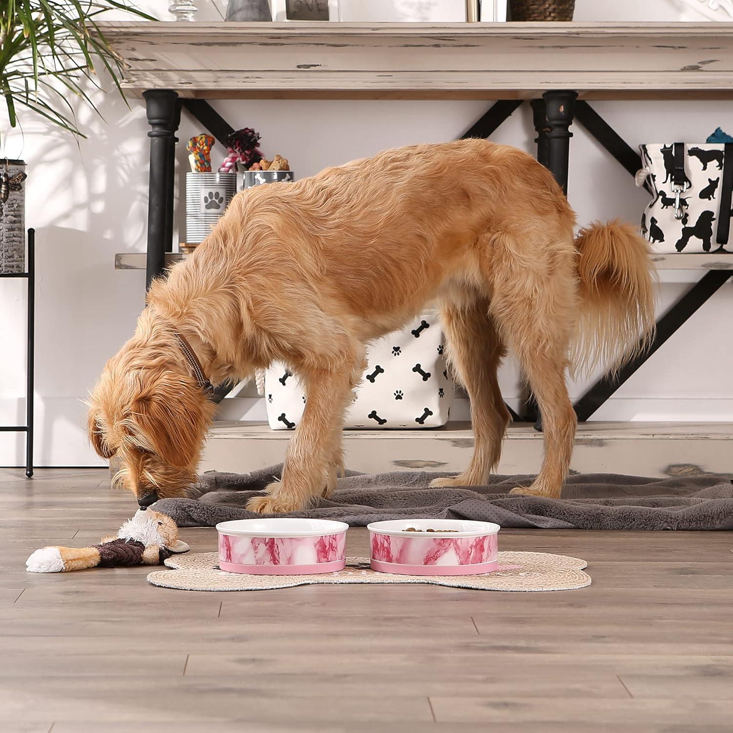imageBone Dry Pet Bowl Collection Ceramic Set Small Marble 2 Count WhitePink
