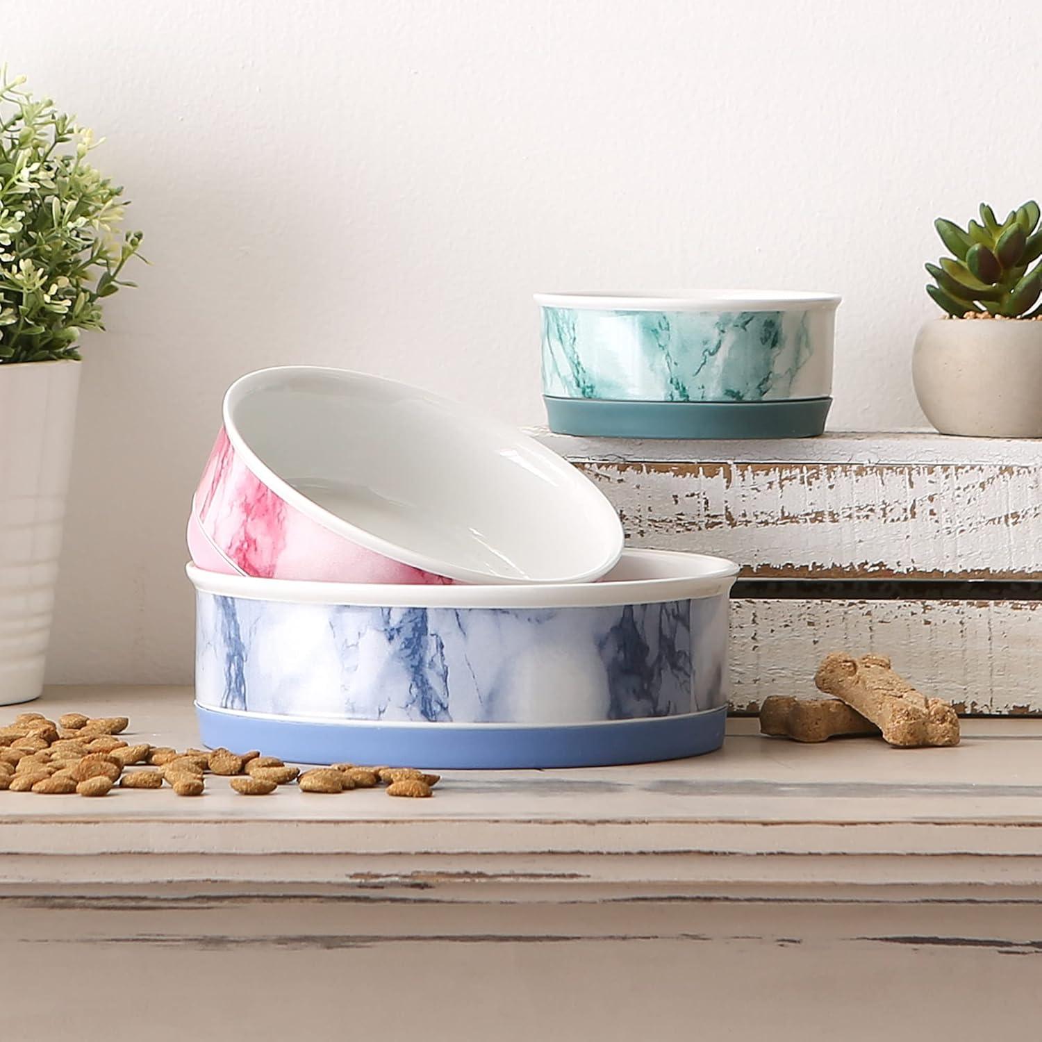 imageBone Dry Pet Bowl Collection Ceramic Set Small Marble 2 Count WhiteTeal