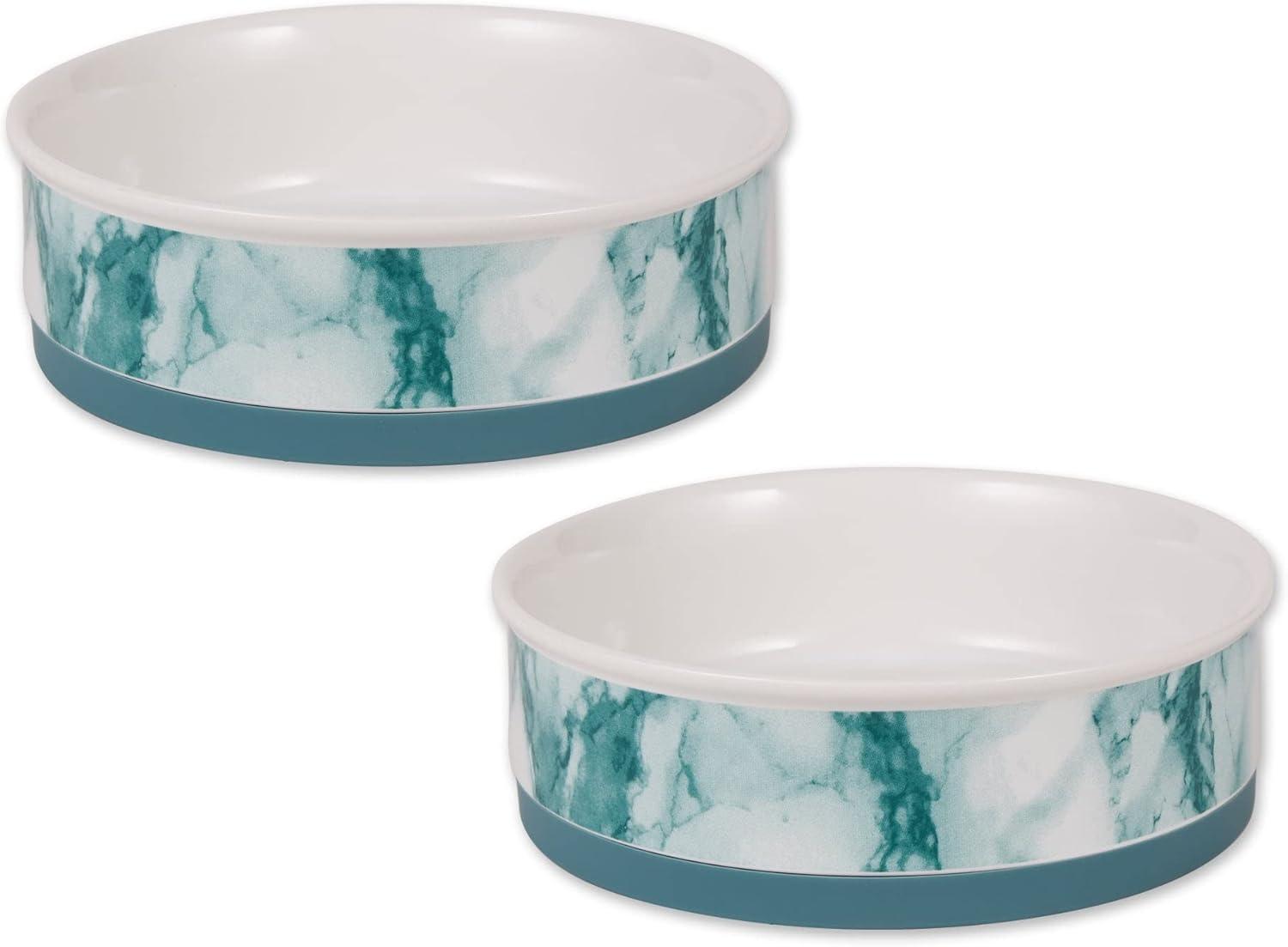 imageBone Dry Pet Bowl Collection Ceramic Set Small Marble 2 Count WhiteTeal