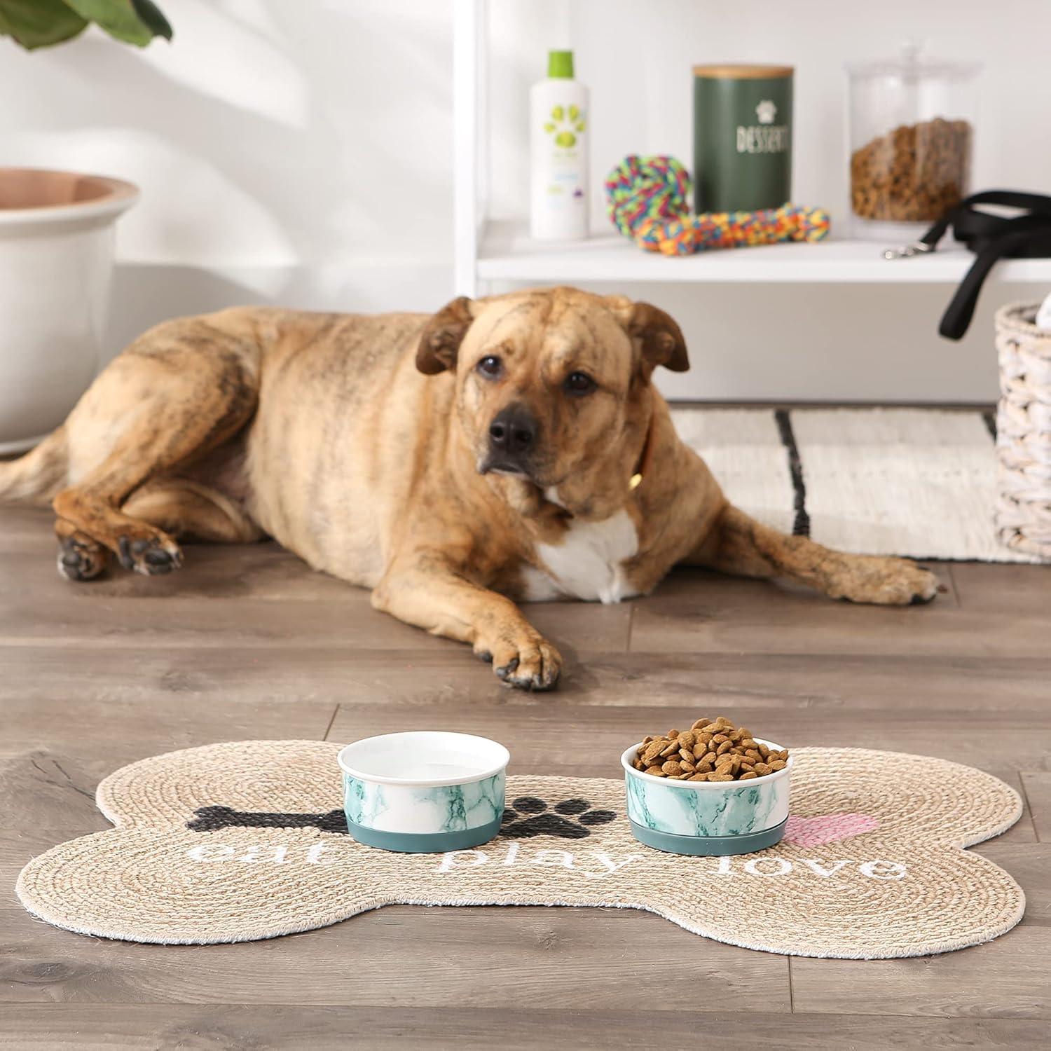 imageBone Dry Pet Bowl Collection Ceramic Set Small Marble 2 Count WhiteTeal