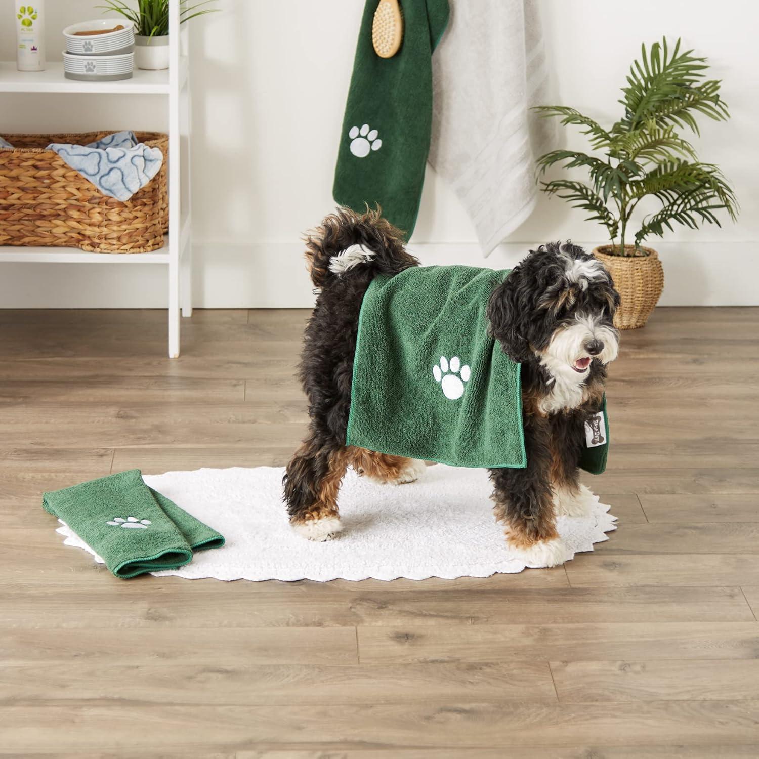imageBone Dry Pet Grooming Towel Collection Embroidered Absorbent Microfiber Drying Set 15x30 Pink 3 CountHunter Green