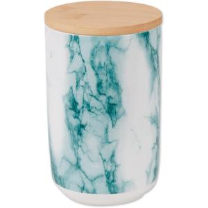 imageBone Dry Ceramic Marble Treat Jar for Pets Dishwasher Safe Dishwasher Safe Bamboo Lid  Push ampamp Twist to Close Canister 4x65 WhiteTeal
