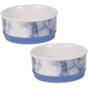 imageBone Dry Pet Bowl Collection Ceramic Set Small Marble 2 Count WhiteBlue