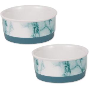 imageBone Dry Pet Bowl Collection Ceramic Set Small Marble 2 Count WhiteTeal