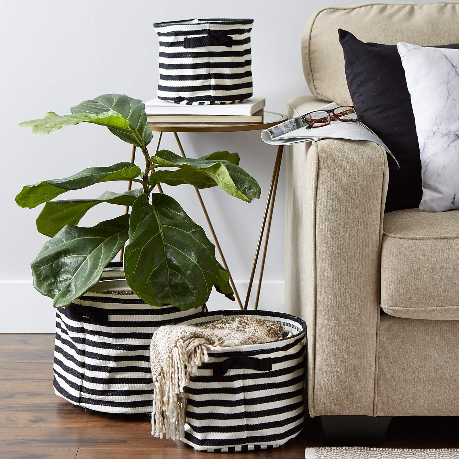 imageDII Cabana Stripe Laundry Collection Waterproof Hamper Assorted Round Black 3 Piece