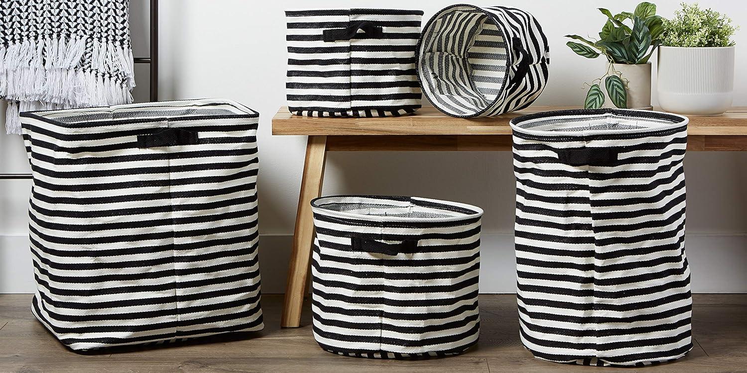 imageDII Cabana Stripe Laundry Collection Waterproof Hamper Assorted Round Black 3 Piece
