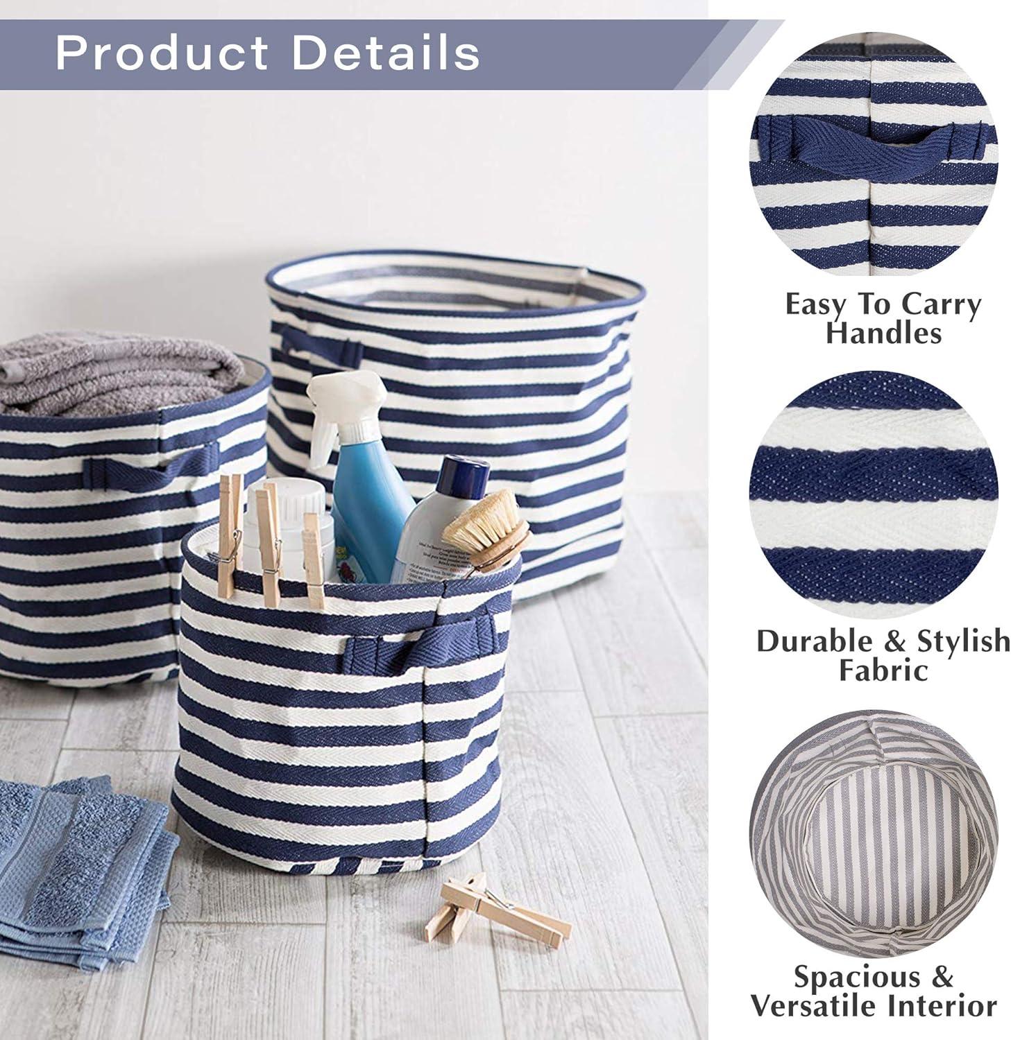 imageDII Cabana Stripe Laundry Collection Waterproof Hamper Assorted Round Black 3 Piece