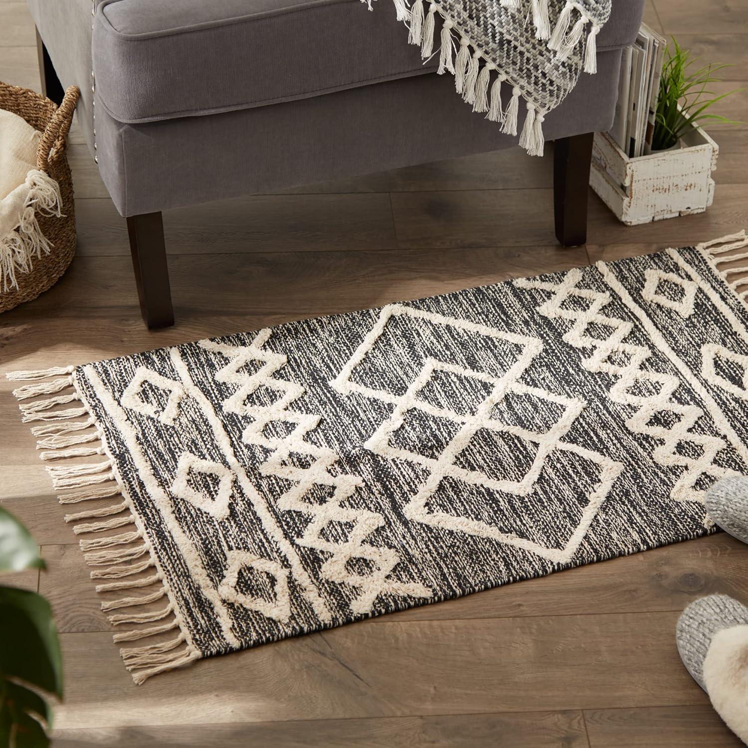 imageDII Textured Woven Rug Collection HandLoomed Shag Printed 2x3 Ft Chenille Stripe French BlueScandinavian Black