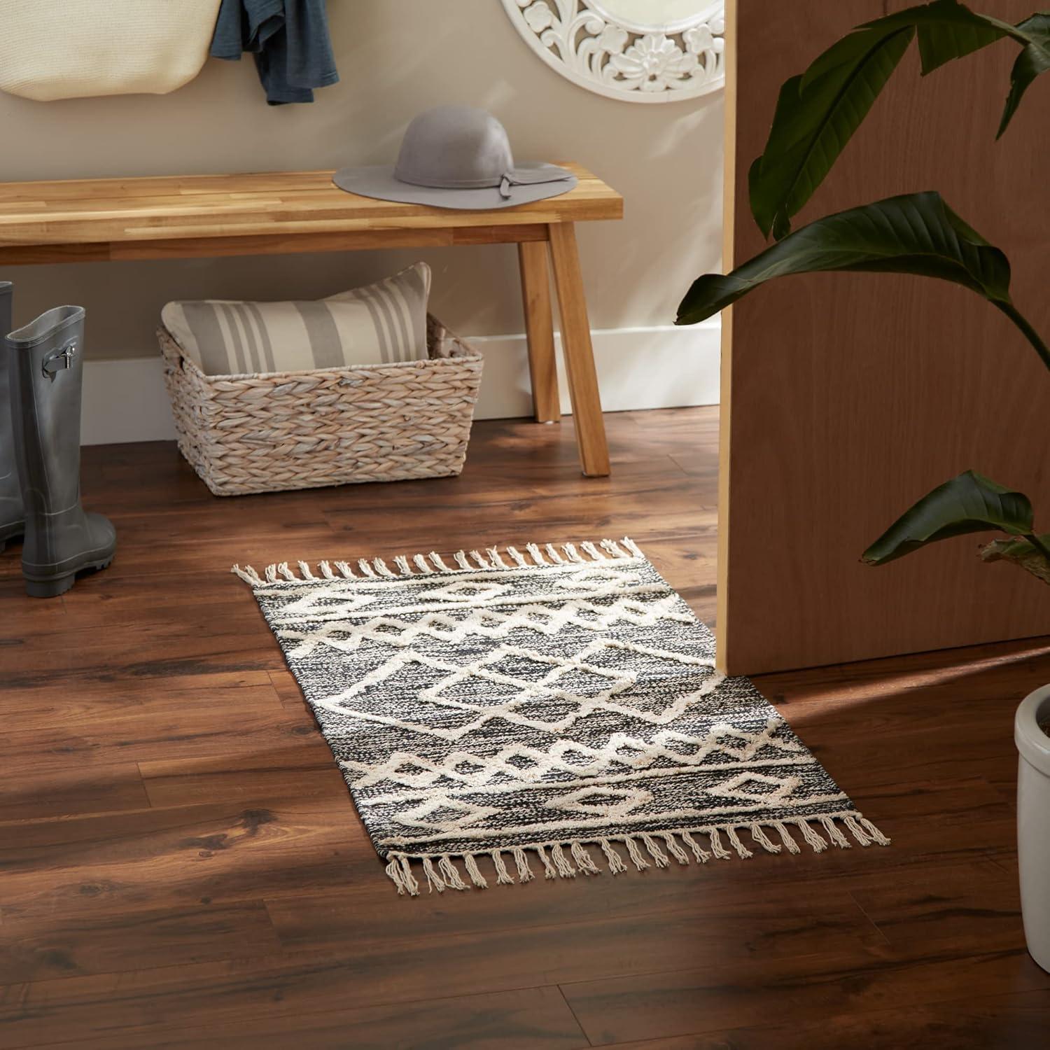 imageDII Textured Woven Rug Collection HandLoomed Shag Printed 2x3 Ft Chenille Stripe French BlueScandinavian Black