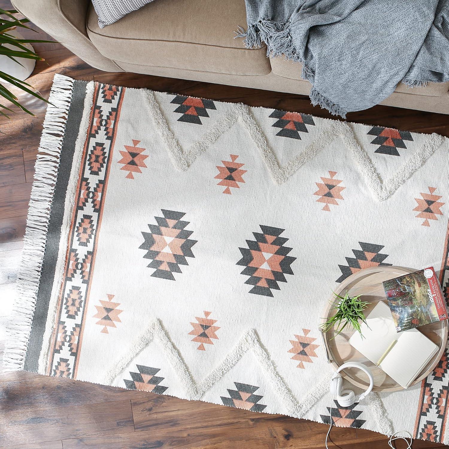 imageDII Textured Woven Rug Collection HandLoomed Shag Printed 2x3 Ft Chenille Stripe French BlueSouthwestern GrayBlush