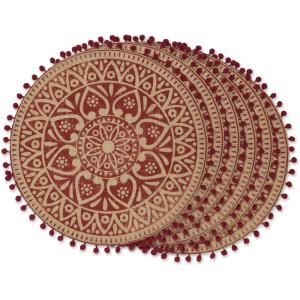 imageDII Woven Tabletop Collection Natural Jute Placemat Set 15quot Round French Blue Block Print 6 PieceBarn Red Block Print