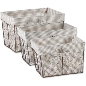 imageDII Farmhouse Chicken Wire Storage Baskets with Liner Set of 3 Rustic Stone Gingham Check Assorted Sizes 3 PieceRustic Stone Gingham Check