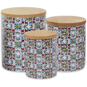 image:imageDII Kitchen Ceramics Collection Canister Set Mixed Print BlackGold 3 PieceFloral Tile