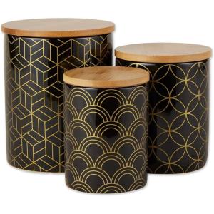 image:imageDII Kitchen Ceramics Collection Canister Set Mixed Print BlackGold 3 PieceMixed Print  BlackGold