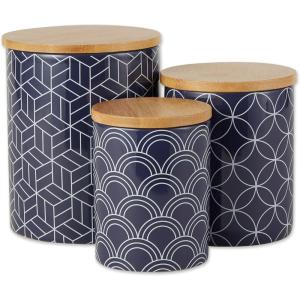 image:imageDII Kitchen Ceramics Collection Canister Set Mixed Print BlackGold 3 PieceMixed Print  Nautical Blue