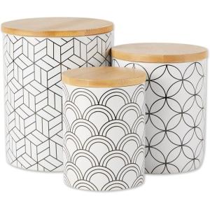 image:imageDII Kitchen Ceramics Collection Canister Set Mixed Print BlackGold 3 PieceMixed Print  WhiteBlack