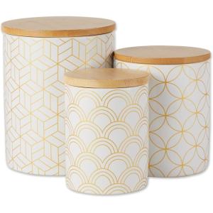 image:imageDII Kitchen Ceramics Collection Canister Set Mixed Print BlackGold 3 PieceMixed Print  WhiteGold