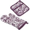 image:imageDII Quilted Kitchen Oven Mitt amp Potholder Set Hanging Loop for Convenient Storage OM 65x12PH 8x85 Pink Damask Print 2 PieceEggplant Damask Print