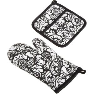image:imageDII Quilted Kitchen Oven Mitt amp Potholder Set Hanging Loop for Convenient Storage OM 65x12PH 8x85 Pink Damask Print 2 PieceBlack Damask Print