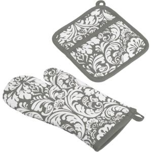 image:imageDII Quilted Kitchen Oven Mitt amp Potholder Set Hanging Loop for Convenient Storage OM 65x12PH 8x85 Pink Damask Print 2 PieceGray Damask Print