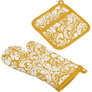 image:imageDII Quilted Kitchen Oven Mitt amp Potholder Set Hanging Loop for Convenient Storage OM 65x12PH 8x85 Pink Damask Print 2 PieceMustard Damask Print